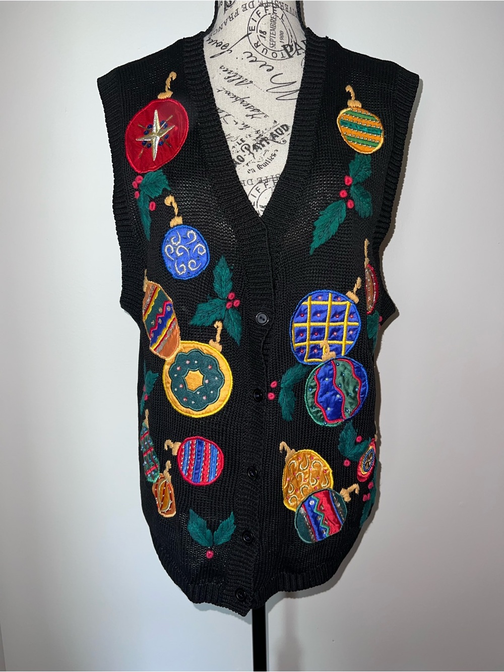 Paris Smith Vintage Christmas Ornament Sweater Vest Beaded Sequin Black Large